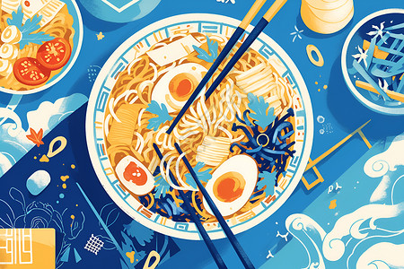 亚洲食物美味的亚洲面条插画