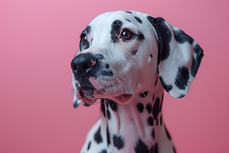 白斑纹粉红色背景前的斑点狗背景