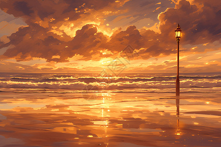 夕阳余晖下的海滩背景图片