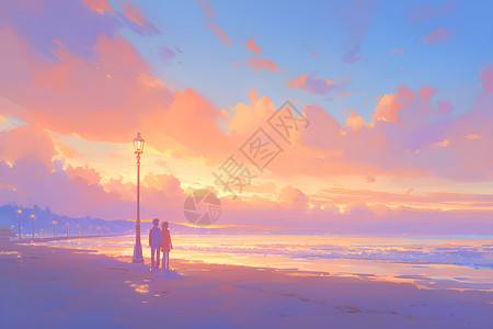 黄昏后海滩夕阳余晖下的人们插画