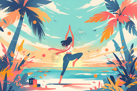沙滩瑜伽沙滩上的瑜伽女子插画