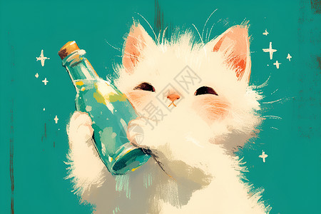 白色爪子白色小猫举着瓶子插画