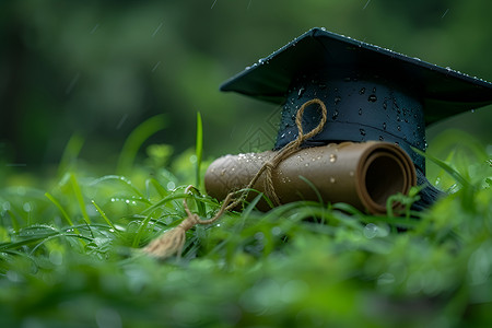 青草中的毕业帽背景图片