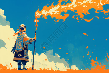 少年中国燃烧的火炬和苗族少年插画