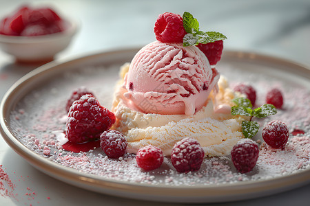 美味的冰淇淋盘子中的冰淇淋和浆果背景
