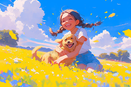 草狗素材草地中的小狗和女孩插画