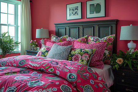 浅红色卧室红色的床品设计图片