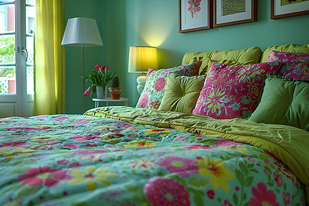 卧室床上鲜艳的床上四件套设计图片