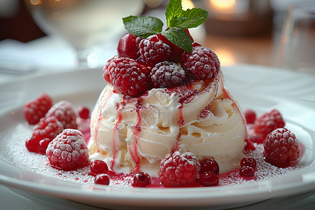 树莓和薄荷冰淇淋高清图片