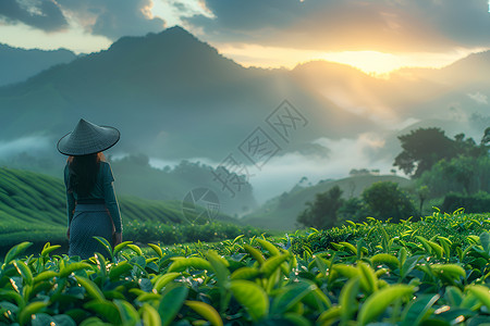 采茶的女孩日出时分的采茶人背景