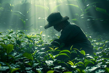 春茶背景阳光下采摘茶叶的农民背景