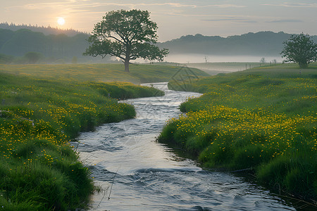 春天小河清晨宁静的乡间小河背景