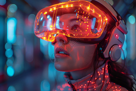 虚拟旅程女人带着VR眼镜设计图片