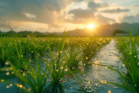 太阳线稿种植杂交水稻背景