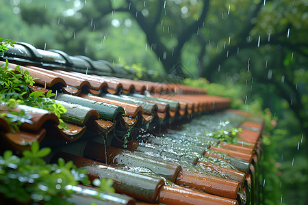 树叶房子大雨中的屋顶背景