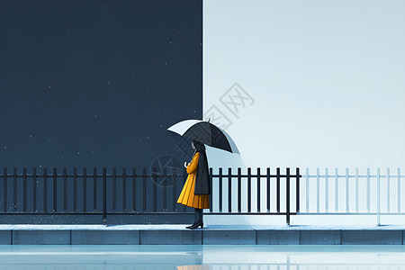 建筑围栏遮阳伞下的女子插画