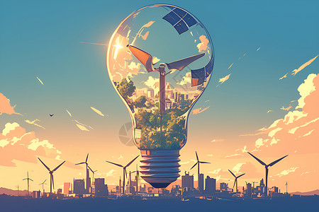 具有环保意识太阳能和风能供电的灯泡城市插画