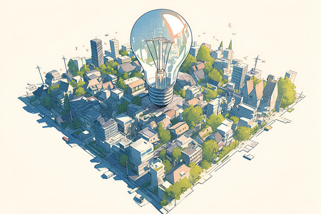 环保意识都市中的可再生能源灯泡插画