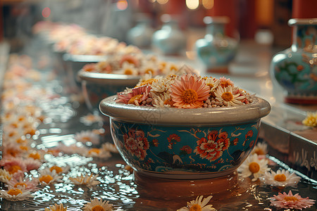 花朵花纹瓷器中的中草药背景