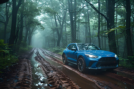 穿越蜿蜒森林的汽车高清图片