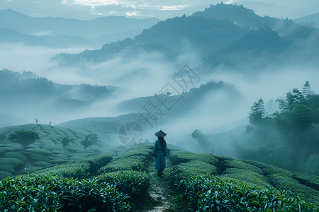 茶园里戴着斗笠的茶农高清图片