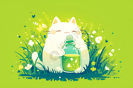 绿植瓶子植物从中白猫抱着瓶子插画