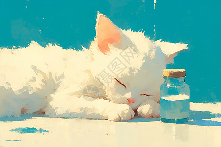 白色毛茸茸趴在地板上的猫咪插画