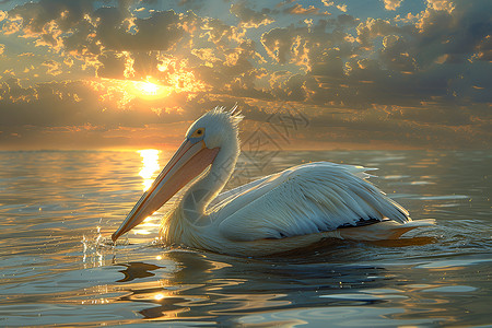 夕阳映照下的白鹈鹕高清图片