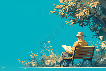 老爷爷看书坐在长椅上阅读报纸的老爷爷插画