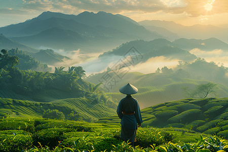 茶山采茶山谷茶园中的采茶工背景