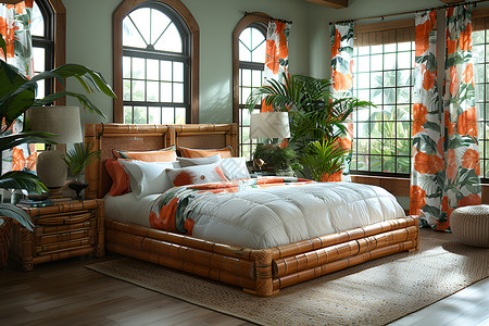 床单被褥卧室里的竹架床背景
