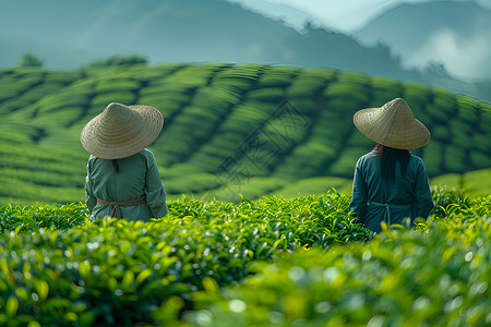 茶园里的茶农摘取茶叶背景图片