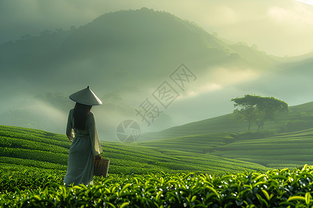 采茶女工带着竹篓高清图片