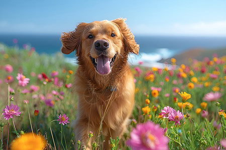 快乐金毛犬在广阔的草地上奔跑高清图片