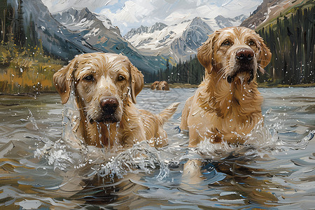 拉布多犬湖中游泳的拉布拉多插画