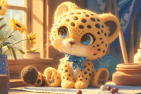 动物幼崽窗台上的小豹子插画