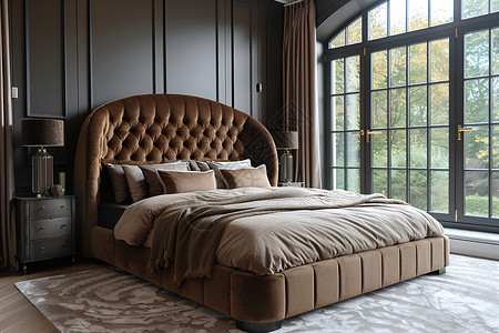 奢华卧室里的天鹅绒大床背景图片