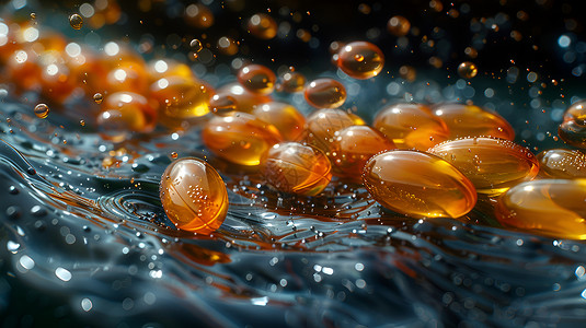 药物水金色胶囊铺在水面上设计图片