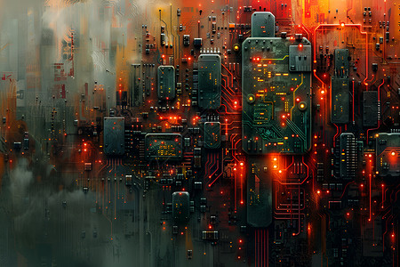 电路板和微芯片太空艺术中文标题科技之城背景图片
