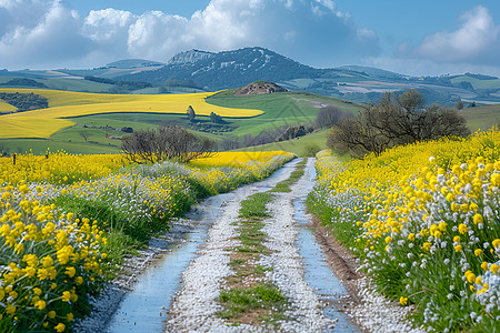 乡村公路和铁路春天明艳的油菜花插画