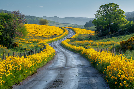 乡村公路和铁路公路两边的油菜花插画