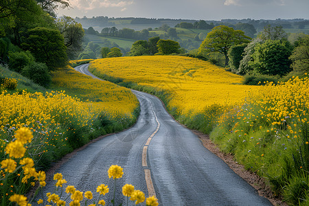 乡村公路和铁路乡村美丽的油菜花插画