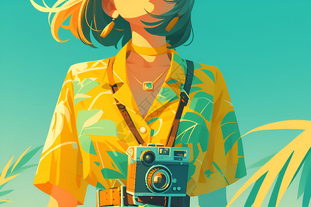 旅行摄影师户外旅行背着相机的女孩插画