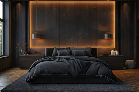 黑色卧室黑色的大床设计图片