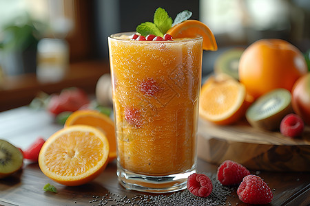 橙子冰沙奶昔加水果高清图片