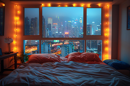 窗户卧室夜晚卧室的大床设计图片