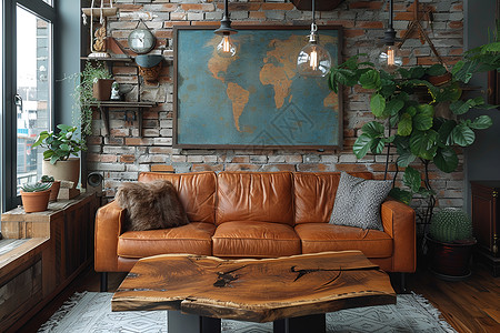 复古客厅棕色的皮质沙发背景