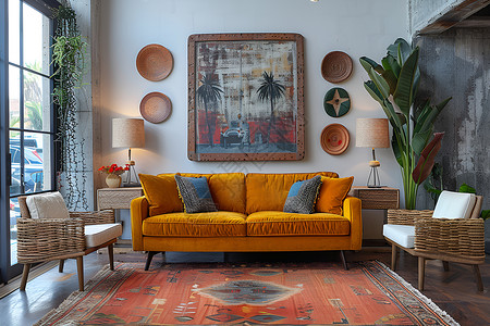 复古的客厅沙发盆栽高清图片
