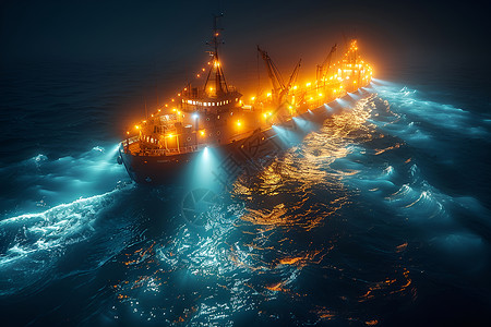 夜晚的大海行驶的船只背景图片