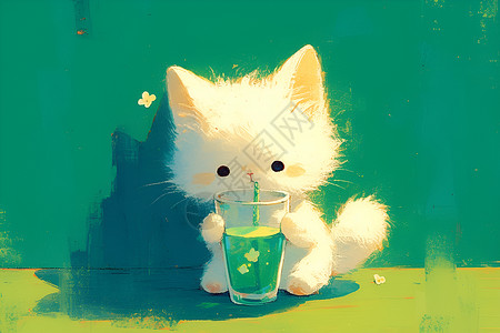 白猫喝水喝水的猫咪插画